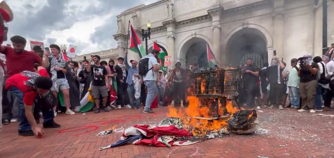 Pro-Hamas Protesters Burn American Flag, Vandalize DC Protesting Netanyahu Speech